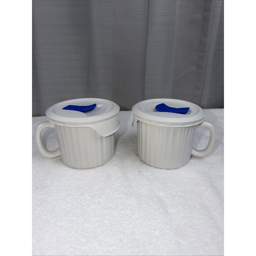 Corning Ware French White Ribbed 20oz. Soup Meal Lids Blue Vent Handle Pair of 2